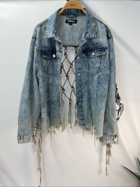 THRILL JEANS ACID WASHED BLUE DENIM LACE BACK JACKET FTL-05-176